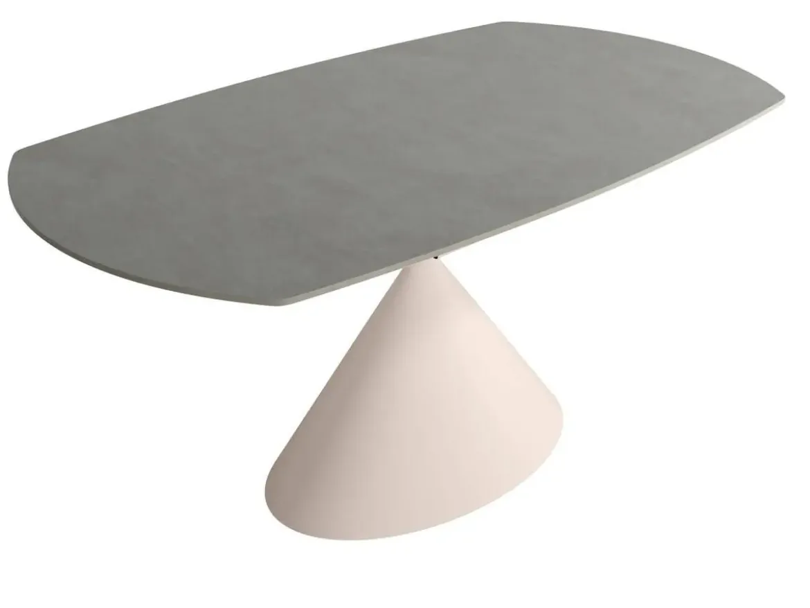 Mesa de Comedor Extensible Ovalada Estructura Metálica Marfil Sobre de Porcelánico Acabado Piedra RIN