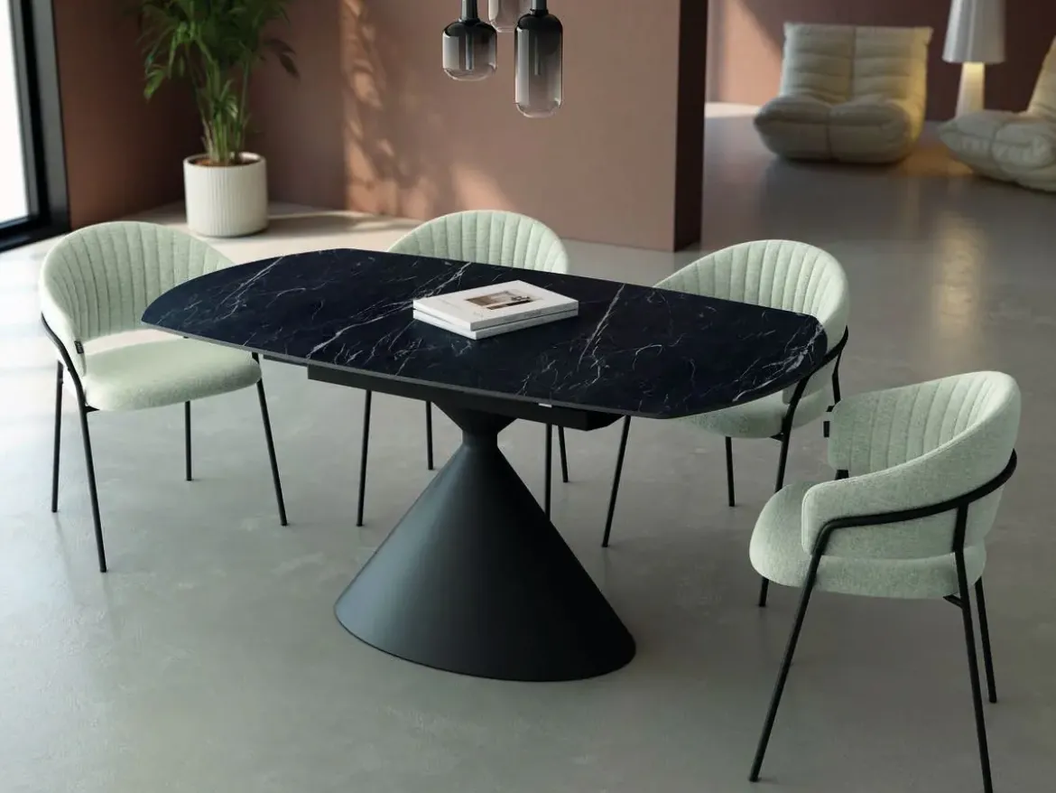 Mesa de Comedor Extensible Ovalada Estructura Metálica Marfil Sobre de Porcelánico Acabado Piedra RIN
