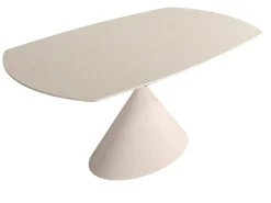 Mesa de Comedor Extensible Ovalada Estructura Metálica Marfil Sobre de Porcelánico Acabado Piedra RIN