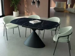 Mesa de Comedor Extensible Ovalada Estructura Metálica Negra Sobre de Porcelánico Acabado Piedra RIN