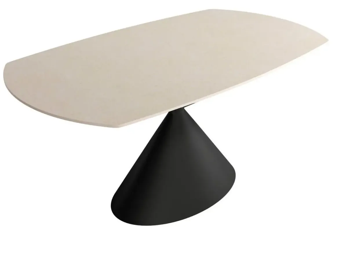Mesa de Comedor Extensible Ovalada Estructura Metálica Negra Sobre de Porcelánico Acabado Piedra RIN