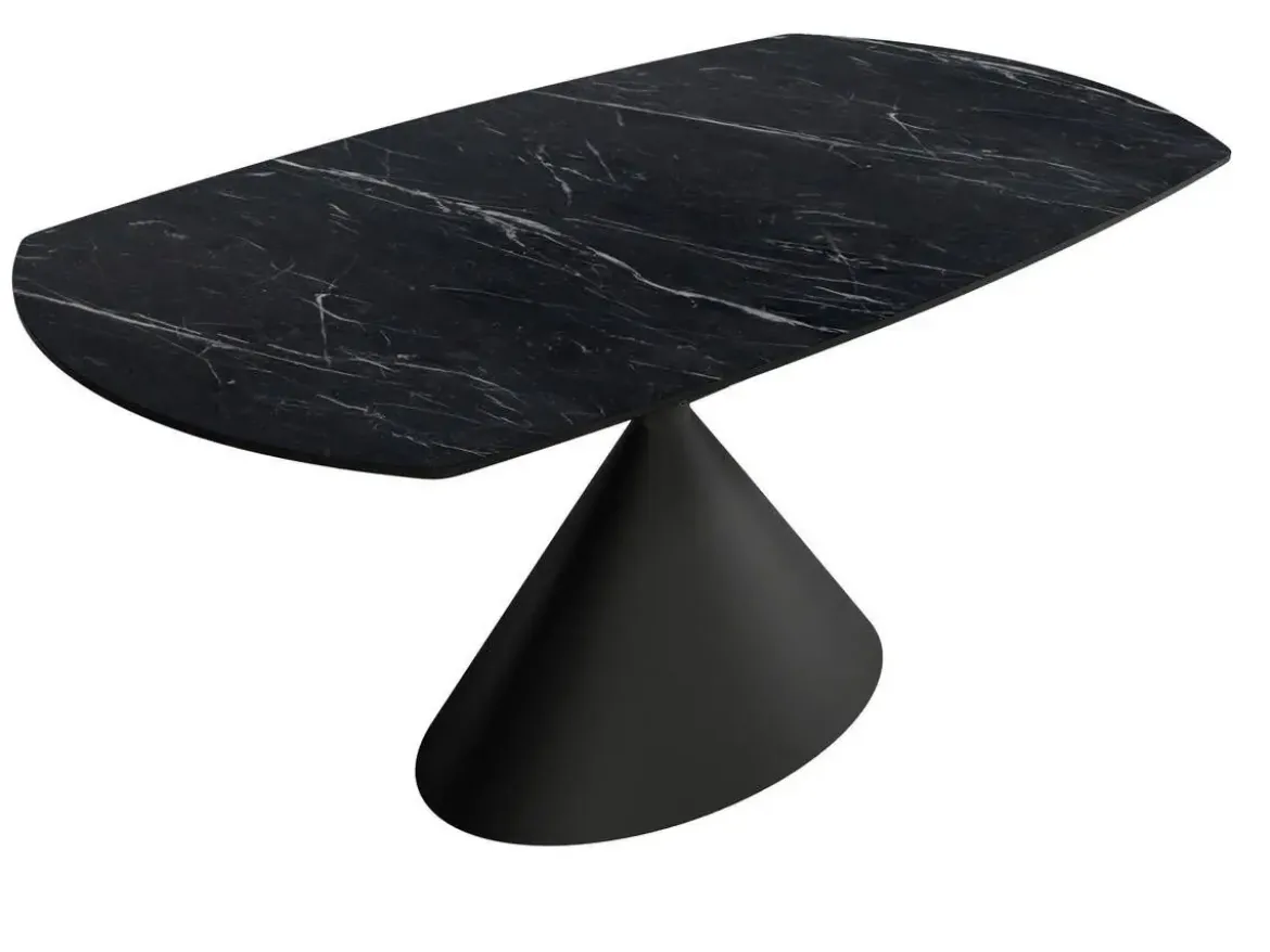 Mesa de Comedor Extensible Ovalada Estructura Metálica Negra Sobre de Porcelánico Acabado Piedra RIN