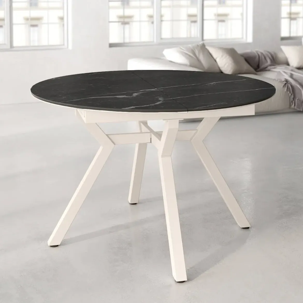 Mesa de Comedor Extensible Redonda 100 cm Marfil con Tablero Porcelánico ROSS