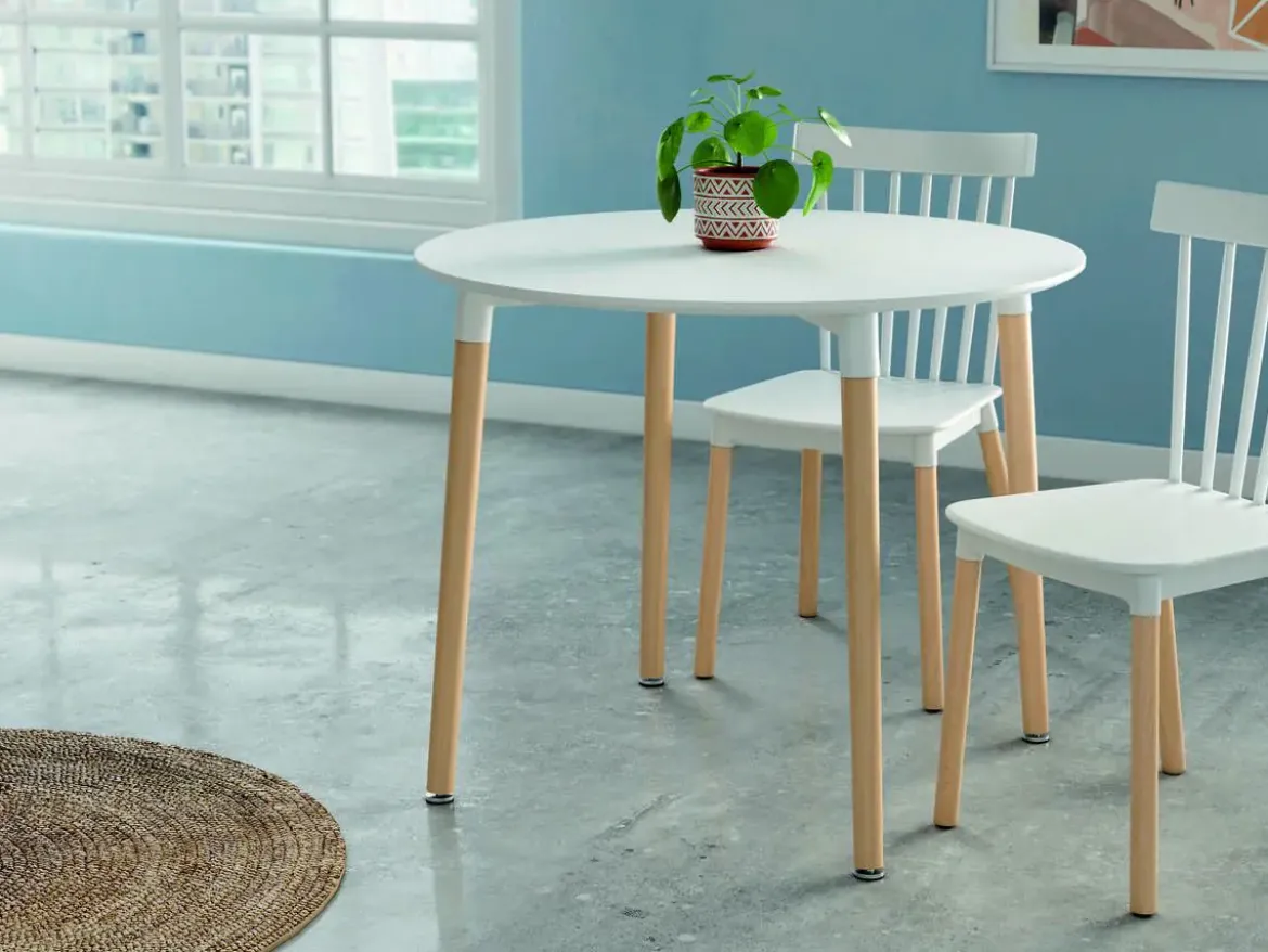 Mesa de comedor Fija Redonda con Patas de Madera y Sobre de MDF Lacado CARIBE 90 cm