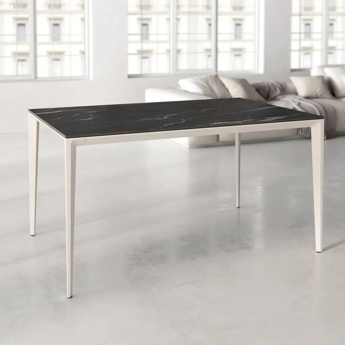 Mesa de Comedor Rectangular 180 cm Porcelánico y Metal Marfil Cortés