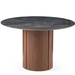 Mesa de Comedor Redonda 120 cm Nogal con Sobre Cerámico Mármol Gris GABAR 11607