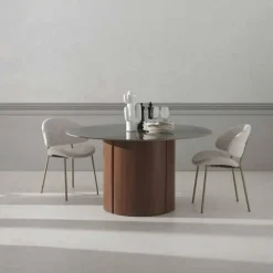 Mesa de Comedor Redonda 120 cm Nogal con Sobre Cerámico Mármol Gris GABAR 11607
