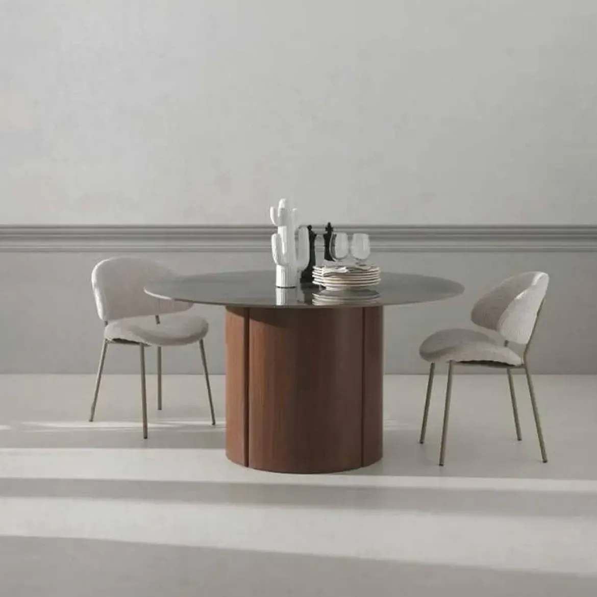 Mesa de Comedor Redonda 120 cm Nogal con Sobre Cerámico Mármol Gris GABAR 11607