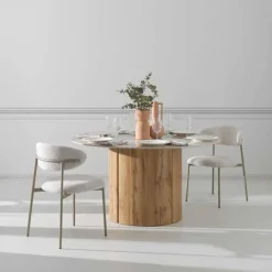 Mesa de Comedor Redonda 120 cm Roble con Sobre Cerámico Mármol Calacatta GABAR 11606