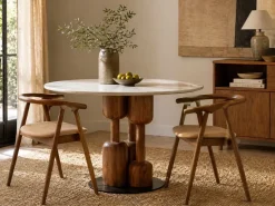 Mesa de Comedor Redonda de Acacia y Mármol MB-214717