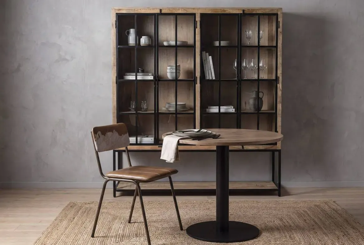 Mesa de Comedor Redonda de Acacia con Base de Metal MB-227286