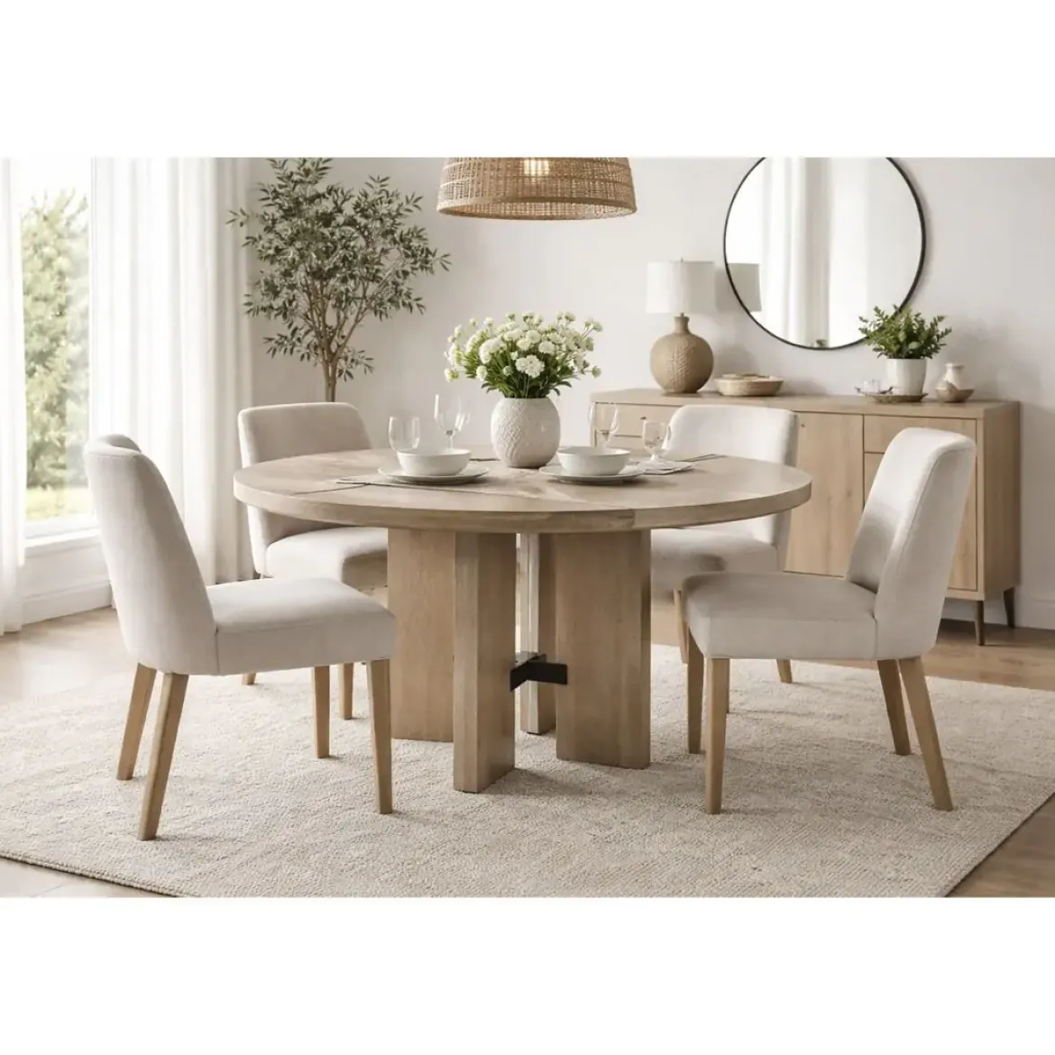 Mesa de Comedor Redonda en Madera de Fresno 135 cm MB-225990