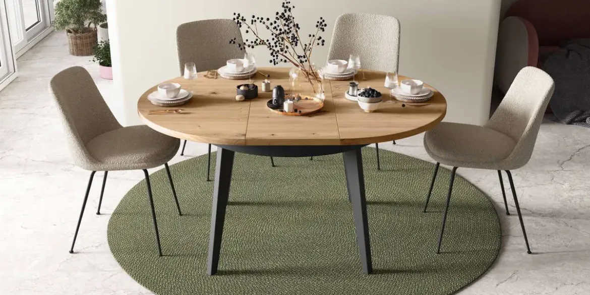 Mesa de Comedor Redonda Extensible 110-150 con Patas Metálicas Inclinadas M815