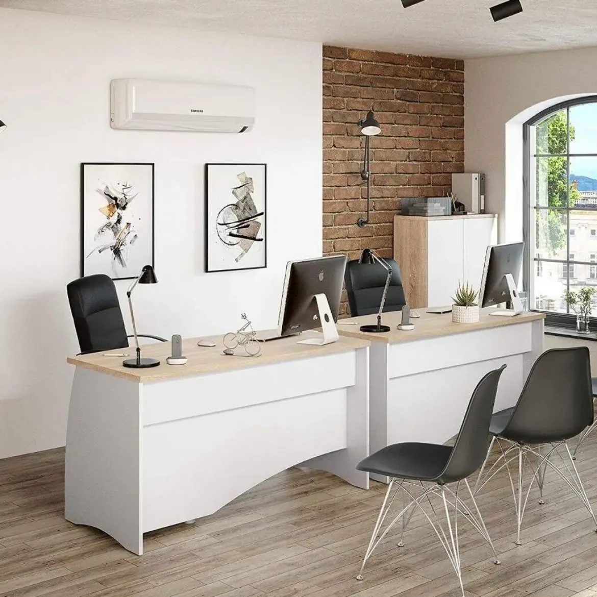 Mesa de Despacho con Tres Cajones en Blanco y Roble ESTIL 0F4625A