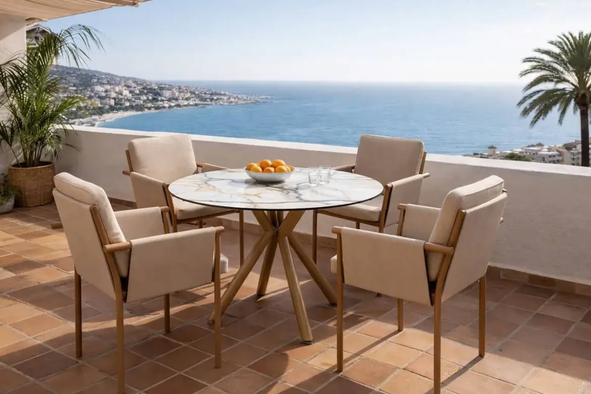 Mesa de Jardín Redonda en Aluminio Simil Madera PALAWAN