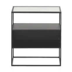 Mesa de noche metalíca negra con sobre de cristal GABAR 10944