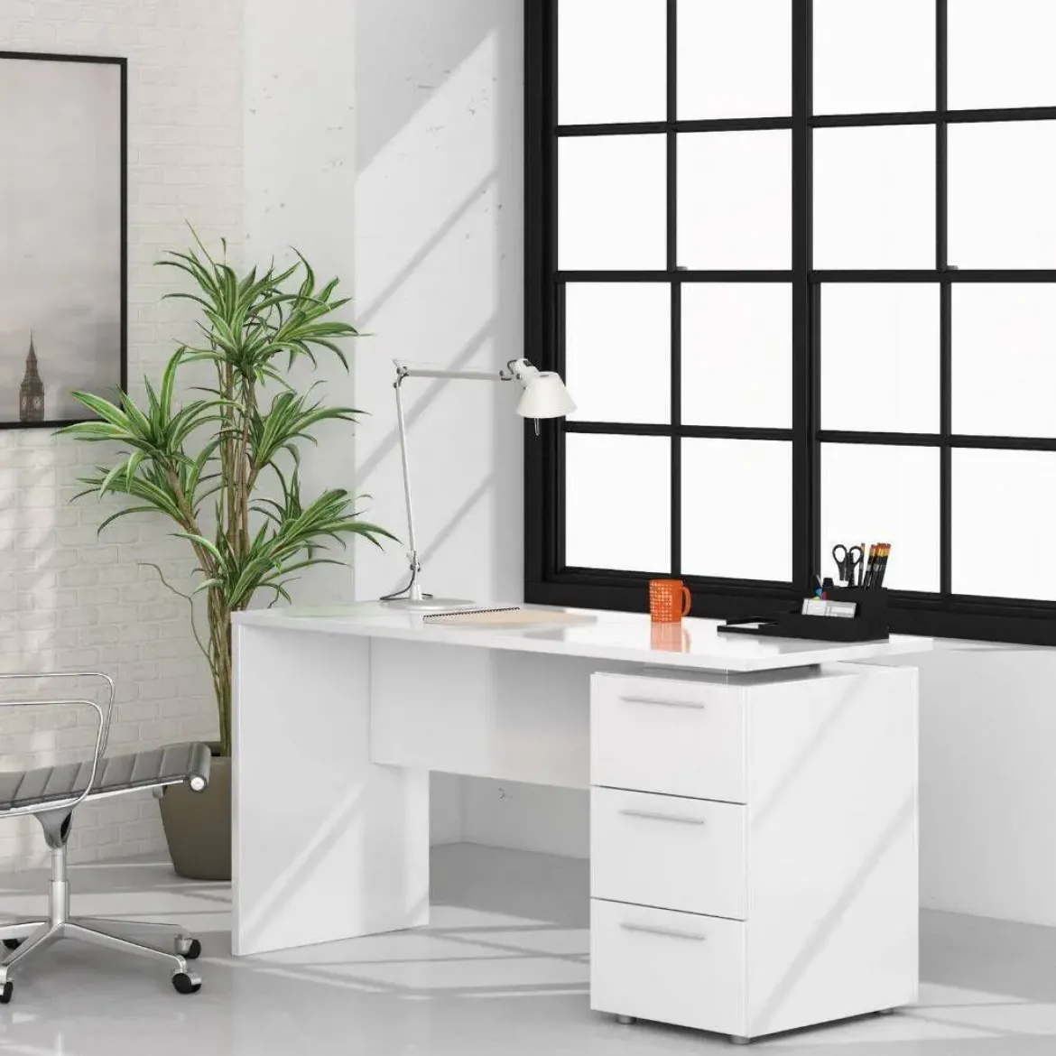 Mesa de ordenador de melamina con 3 cajones Color Blanco Artik 004605A