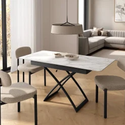 Mesa Porcelánica Elevable Extensible con Ruedas Estructura Negra LENA