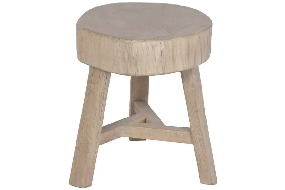 Mesita Auxiliar Redonda de Madera de Olmo Macizo Natural MB-226319