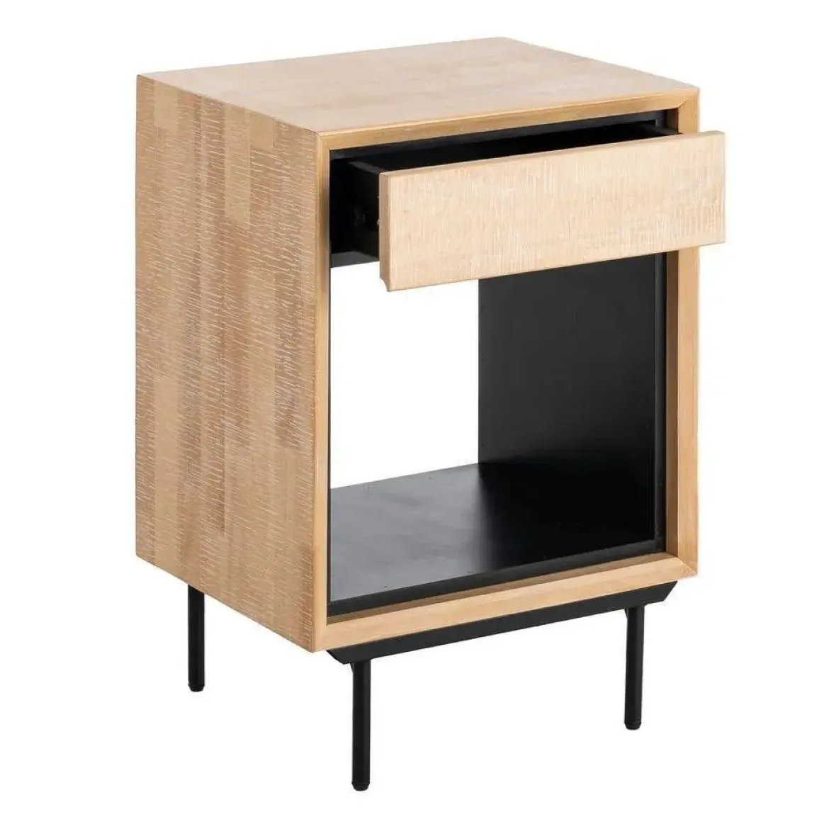 Mesita de Noche de Madera y Metal Natural-Negro con Cajón 615681