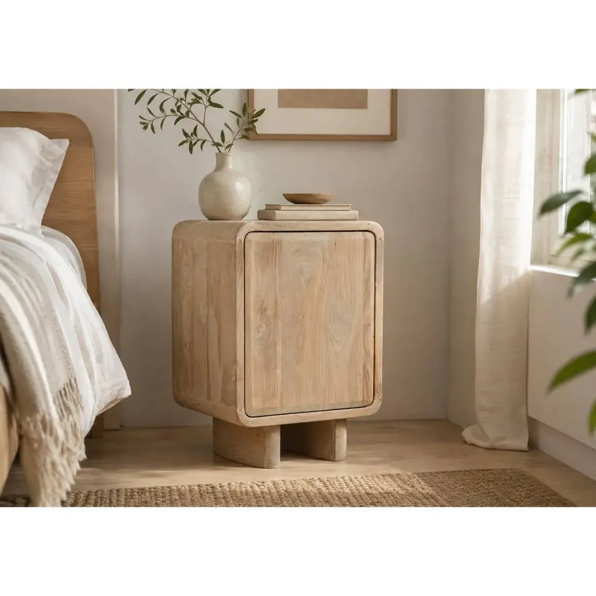 Mesita de Noche de Roble Natural con Puerta MB-221377