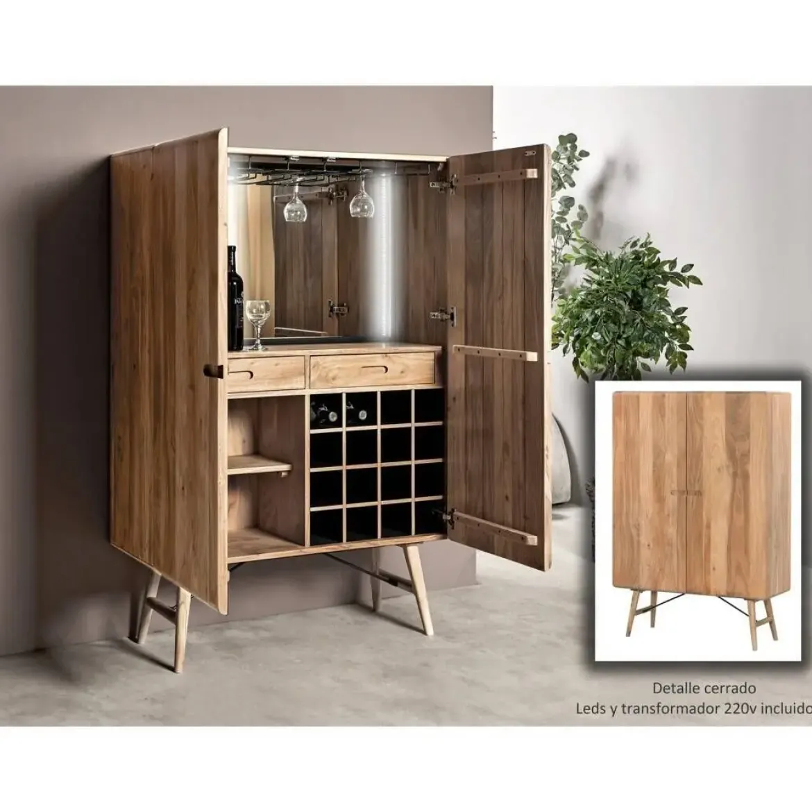 Mueble Bar de Madera de Acacia con Botellero 100x40x150 cm 35-213