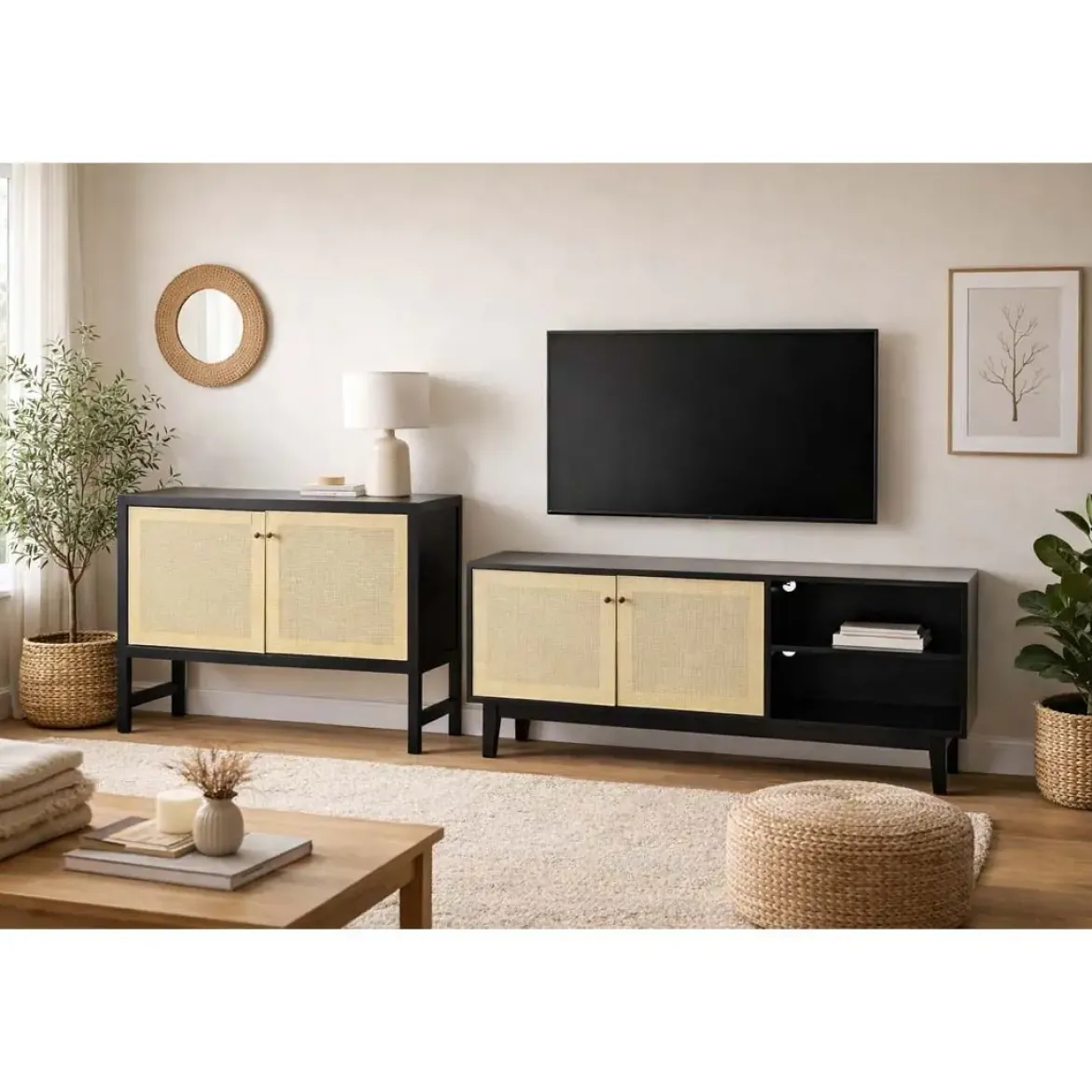 Mueble de TV de Abeto Color Negro y Ratán MB-193520