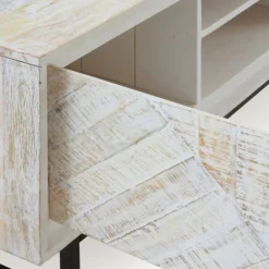 Mueble de TV de madera de mango con 2 puertas de color blanco patinado GABAR 10826