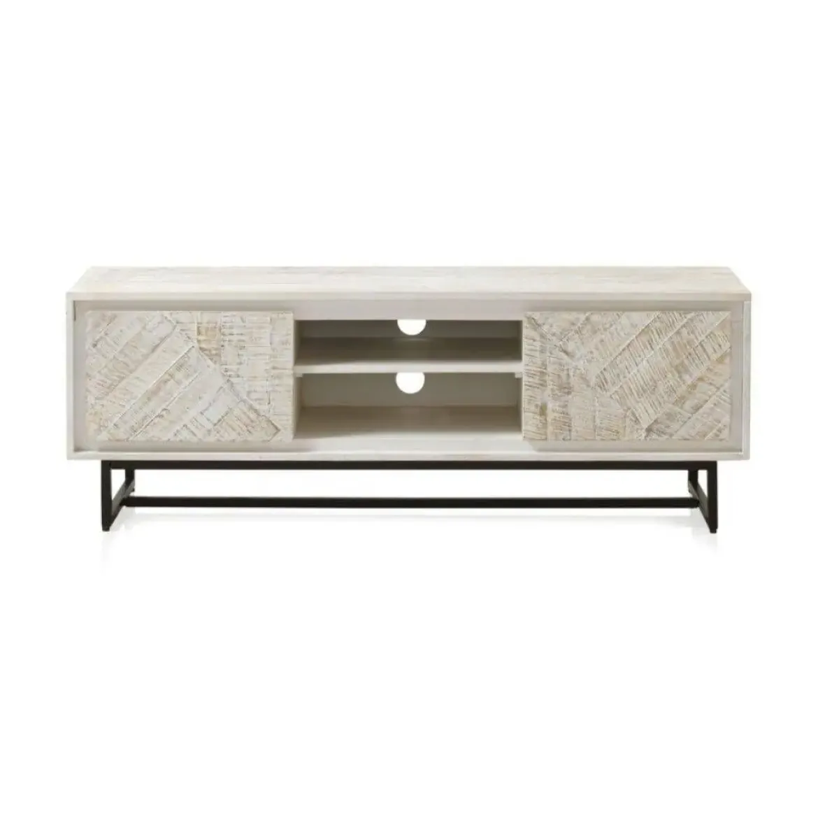 Mueble de TV de madera de mango con 2 puertas de color blanco patinado GABAR 10826