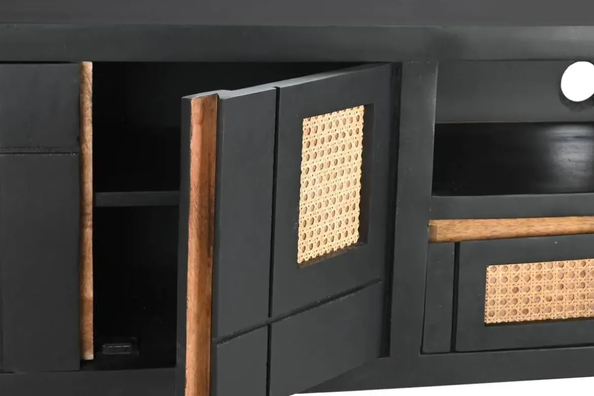 Mueble de TV Estructura de Madera de Mango y Ratán Negro MB-194539