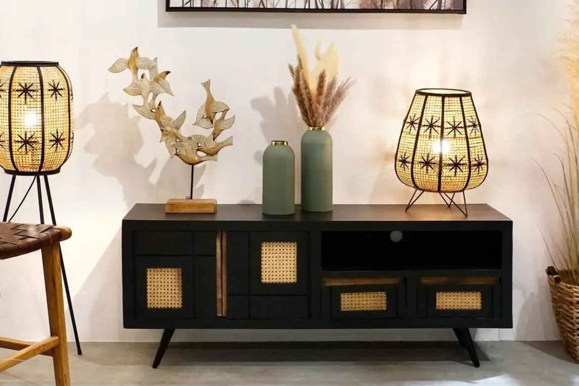 Mueble de TV Estructura de Madera de Mango y Ratán Negro MB-194539