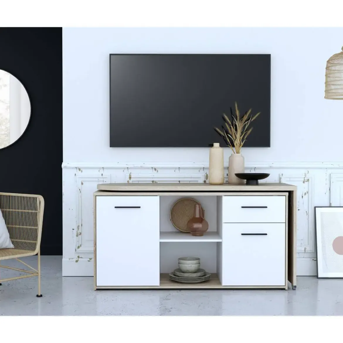 Mueble Multifuncional con Mesa Giratoria 180º y Ruedas A7