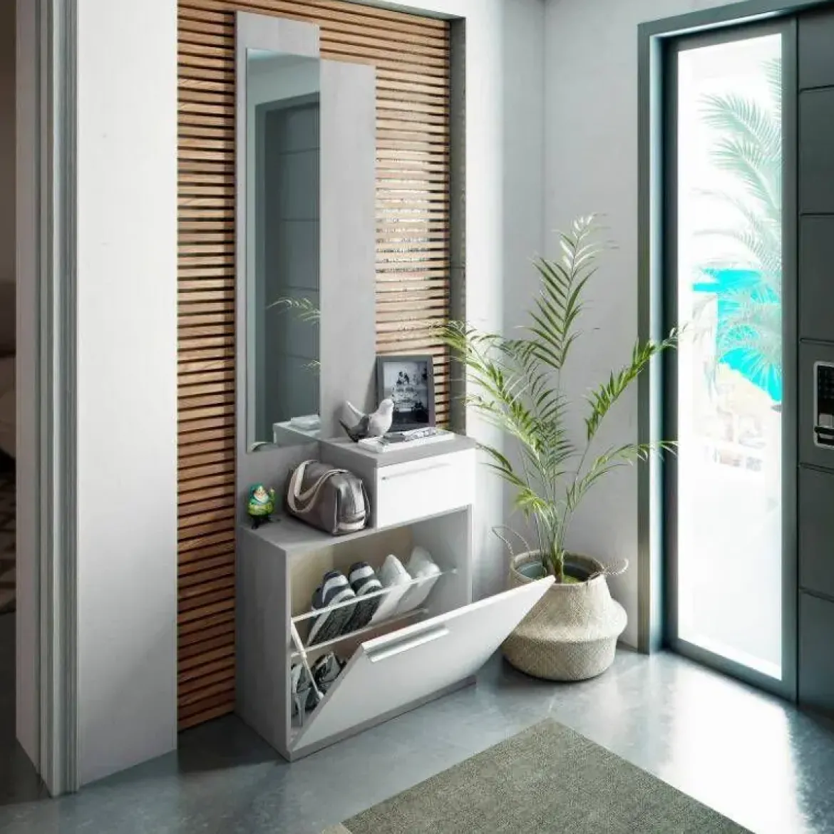 Mueble Recibidor con Espejo color Cemento y Blanco Artik KAREN 016745L