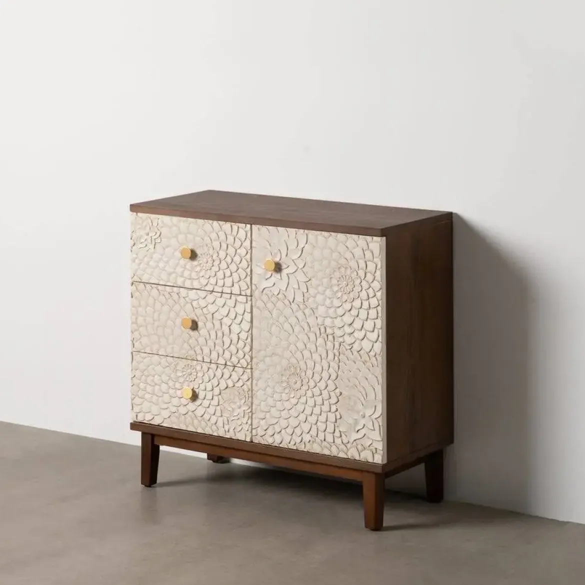 Mueble Recibidor Tallado Blanco y Marrón con 3 Cajones y 1 Puerta 80 cm 613899