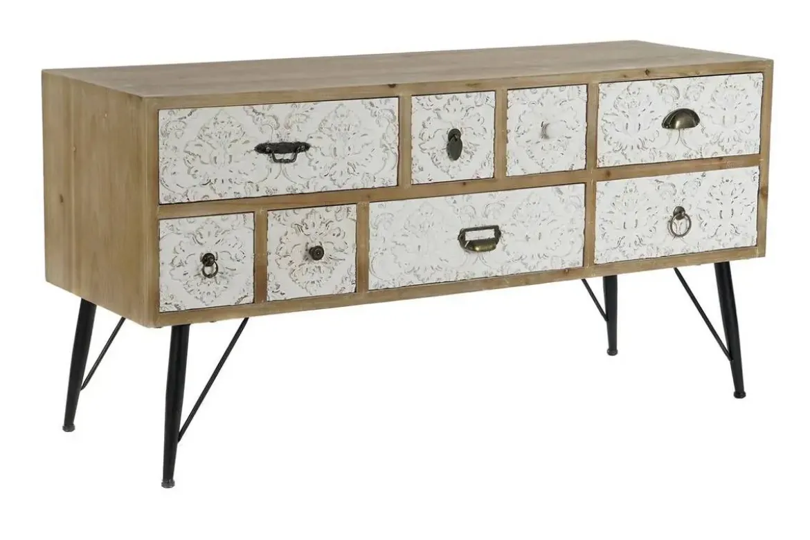 Mueble TV de Abeto Tallado con 8 Cajones y Patas de Metal MB-205965