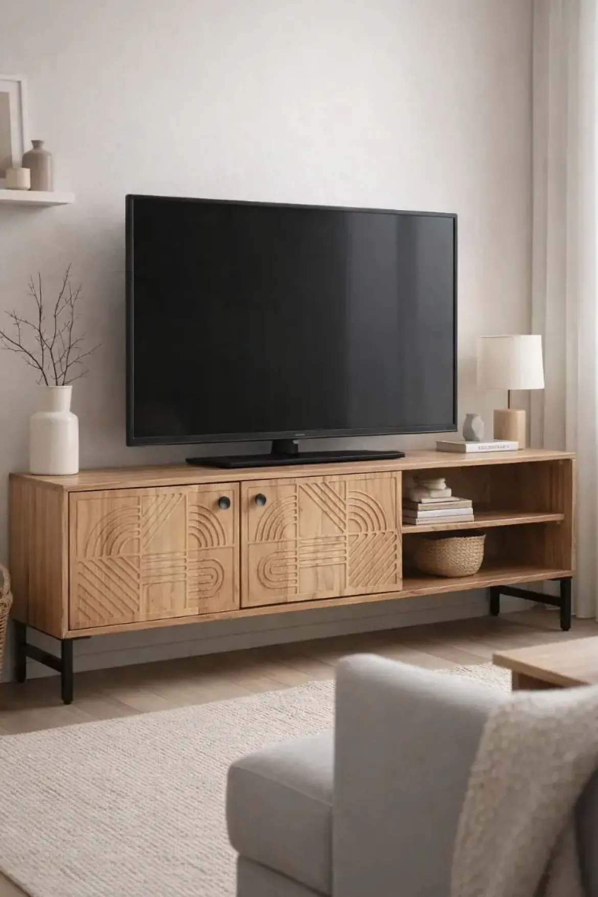 Mueble TV de Acacia Natural con Patas de Metal MB-212655