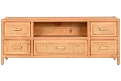 Mueble TV de Madera de Abeto y Ratán Natural 5 Cajones MB-220956