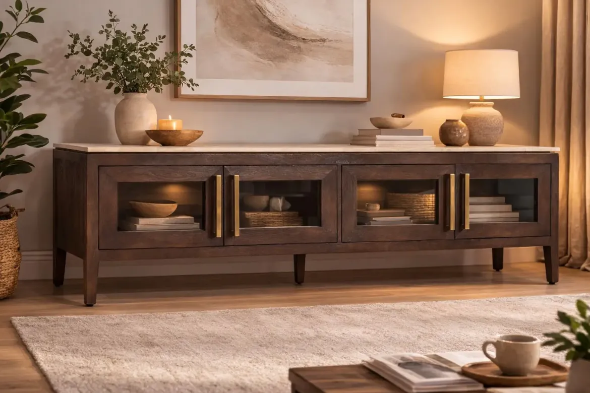 Mueble TV de Mango con Mármol Travertino 180 cm MB-220593