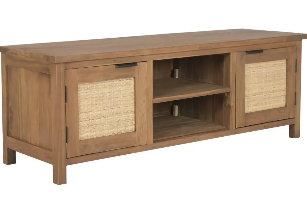 Mueble TV de Teca Reciclada Color Marrón con Ratán MB-221777