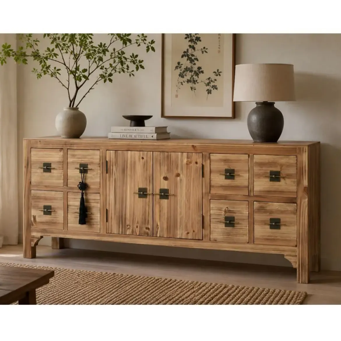 Mueble TV Oriental de Madera de Abeto Natural con Cajones MB-214489