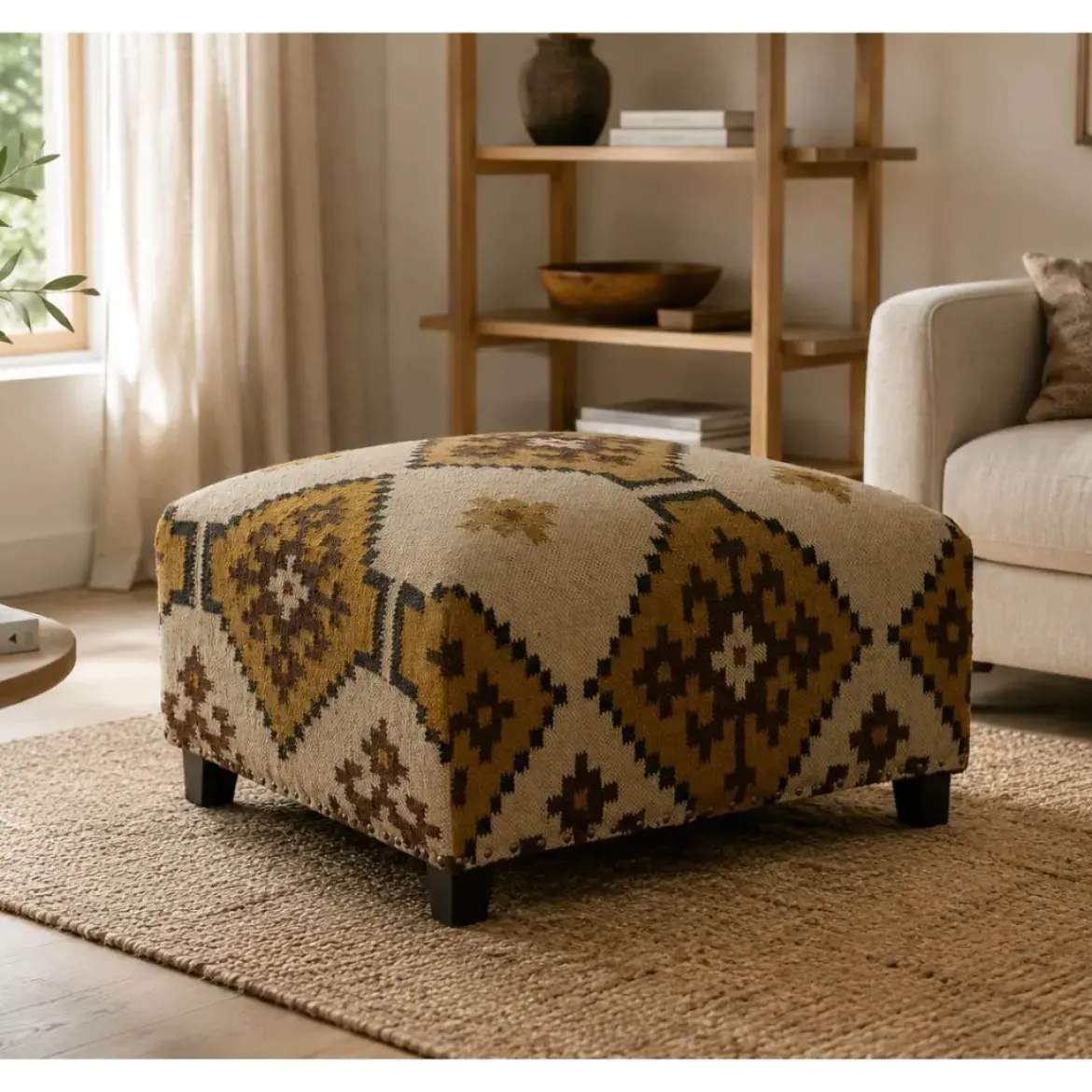 Reposapiés Tapizado en Lana con Patas de Madera KILIM MB-216490
