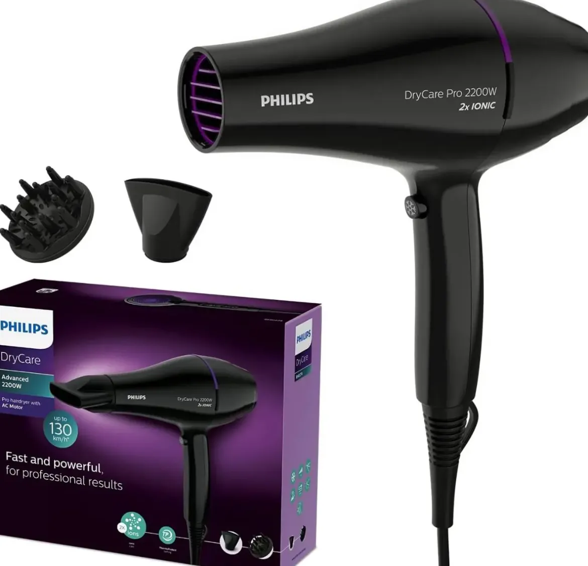Secador PHILIPS 2200w AC Ionico Profesional con Difusor y Negro BHD274/00