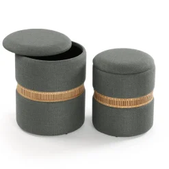 Set de 2 Puff con Almacenaje Gris Oscuro en Pana y Detalle de Bambú 22050078