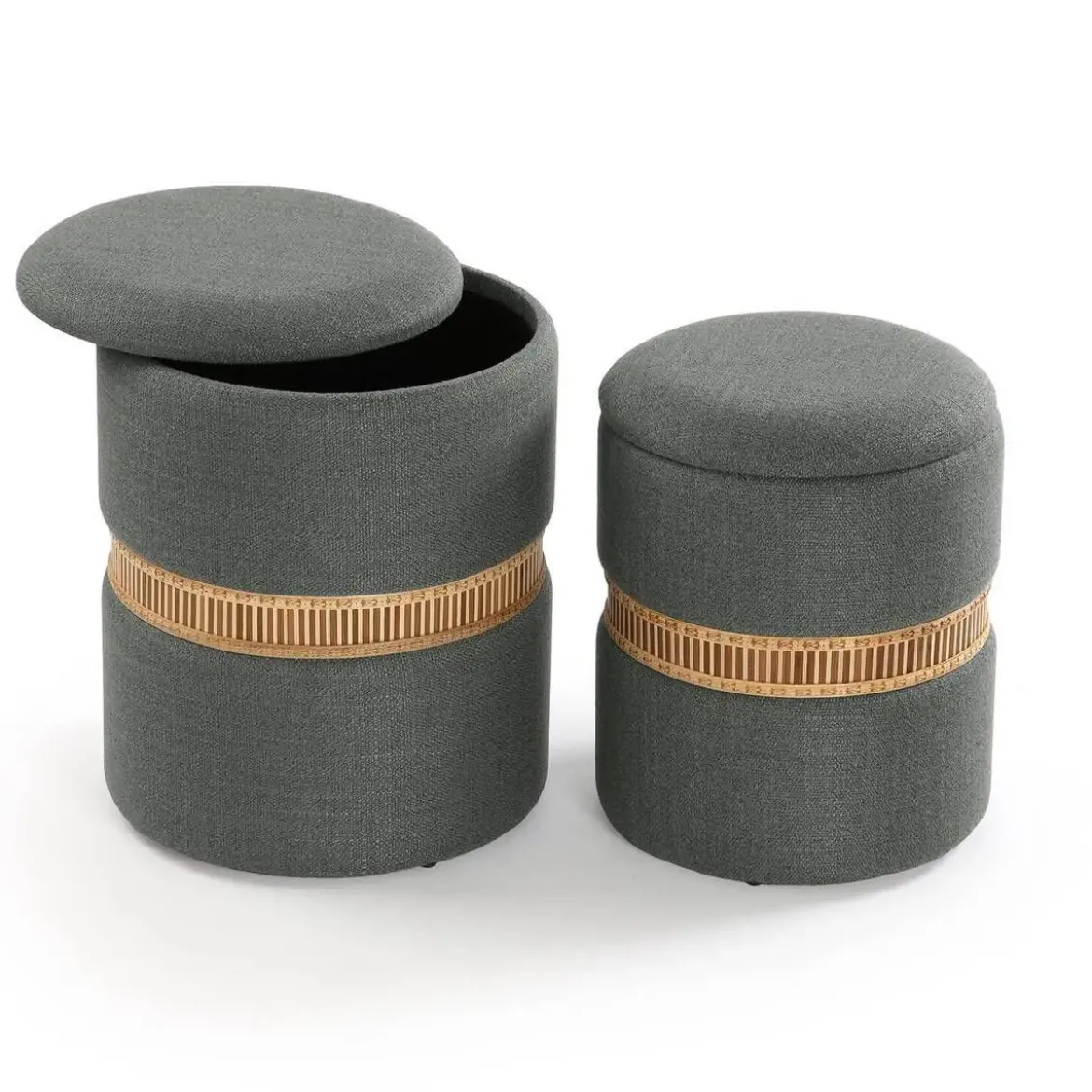 Set de 2 Puff con Almacenaje Gris Oscuro en Pana y Detalle de Bambú 22050078