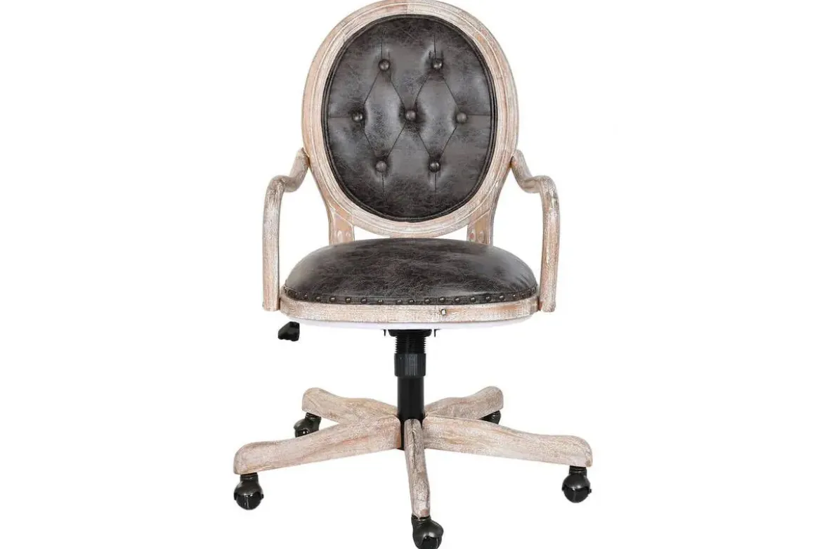 Silla con ruedas madera de abeto y PU marrón oscuro ergonómica MB-203408