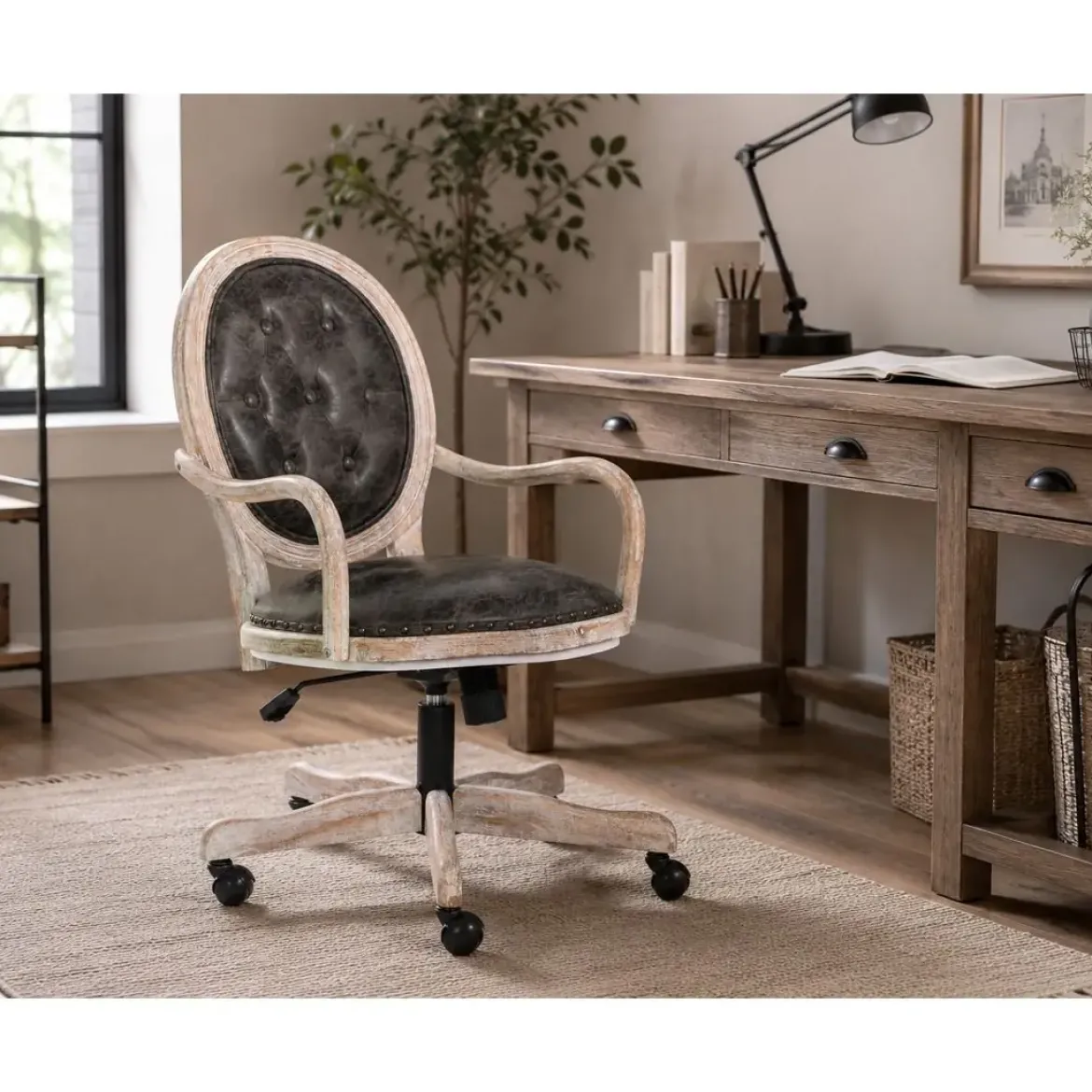 Silla con ruedas madera de abeto y PU marrón oscuro ergonómica MB-203408
