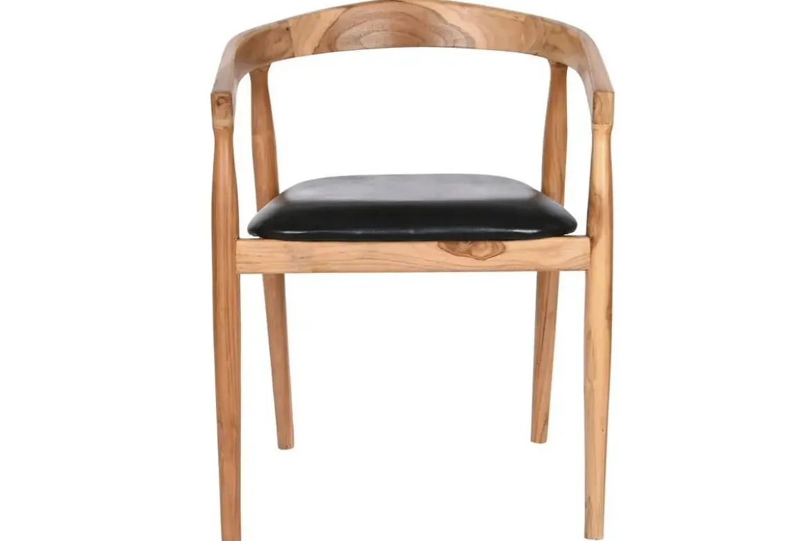 Silla de Comedor con Reposabrazos en Teca y Piel Negra MB-208001