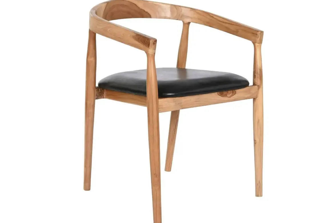 Silla de Comedor con Reposabrazos en Teca y Piel Negra MB-208001