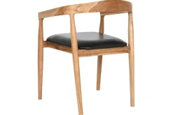 Silla de Comedor con Reposabrazos en Teca y Piel Negra MB-208001