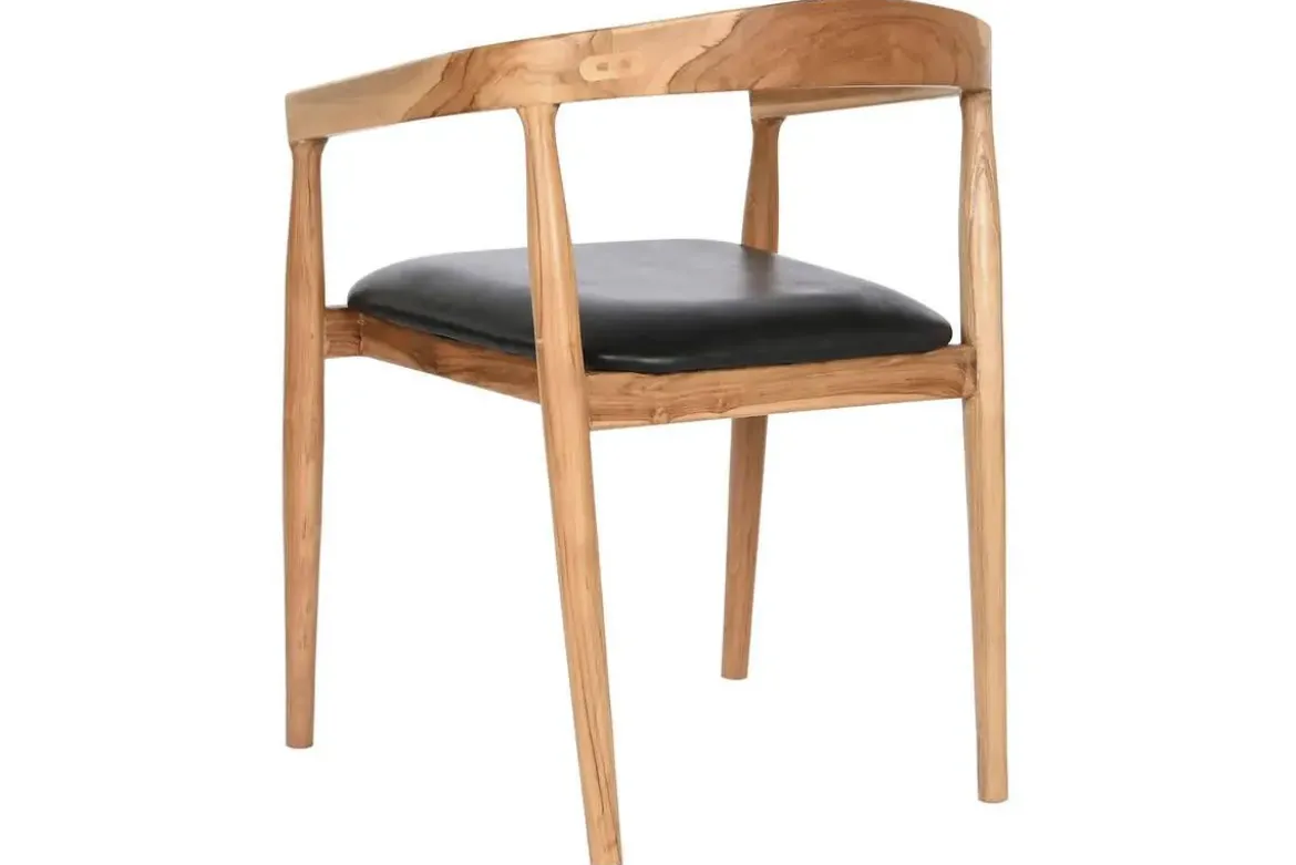 Silla de Comedor con Reposabrazos en Teca y Piel Negra MB-208001